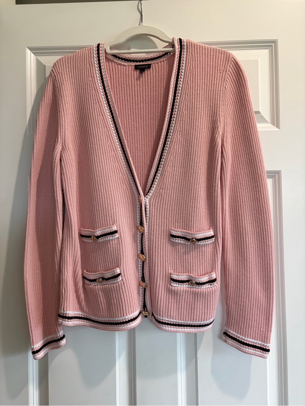 Talbots Pink Knit Cardigan with Black and White Trim